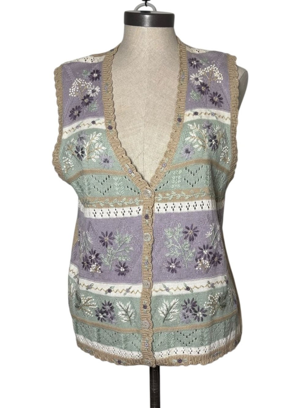 Alfred Dunner Petite Floral Embroidered Knit Vest PL Cottagecore Lavender